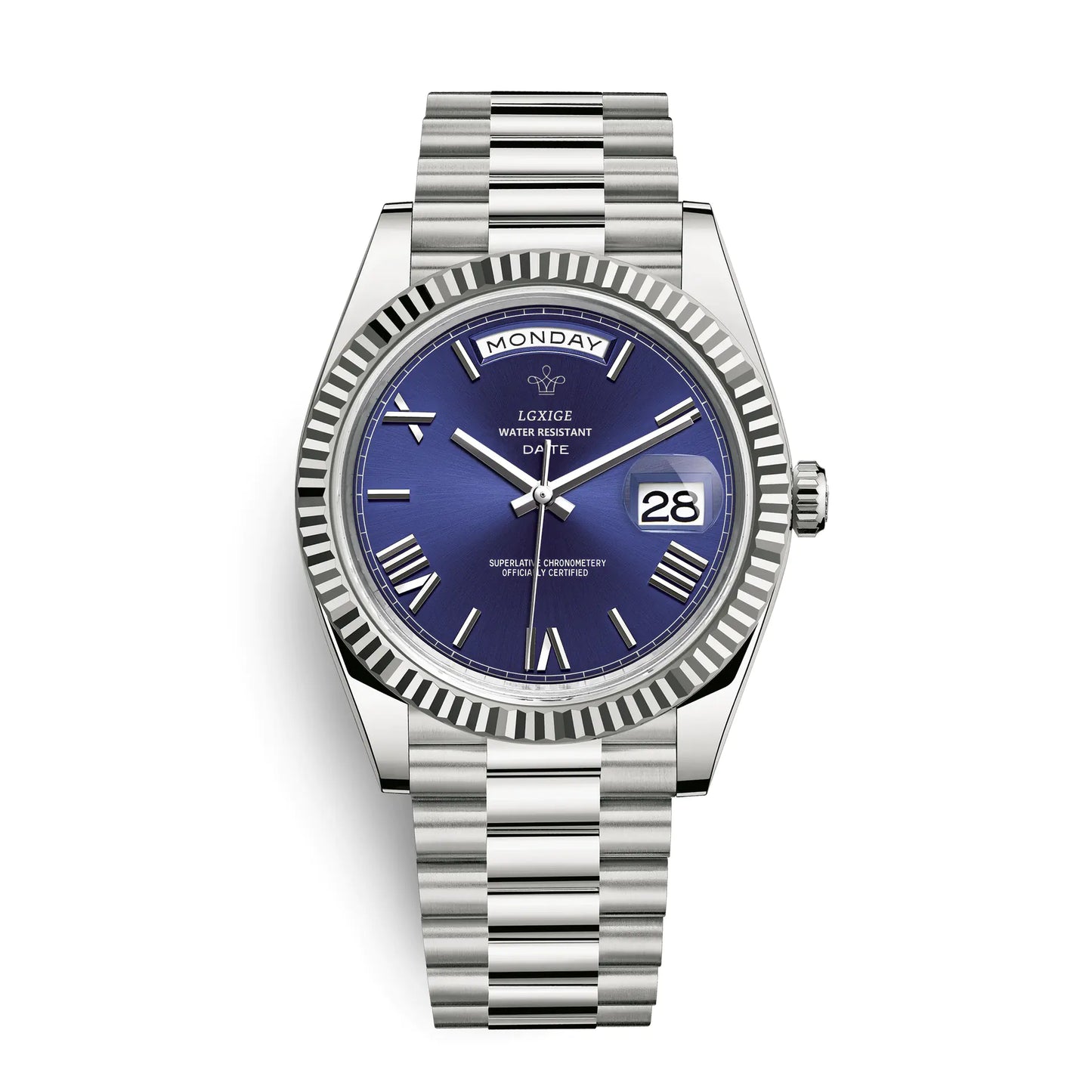 Silver watch with a blue face on a white background