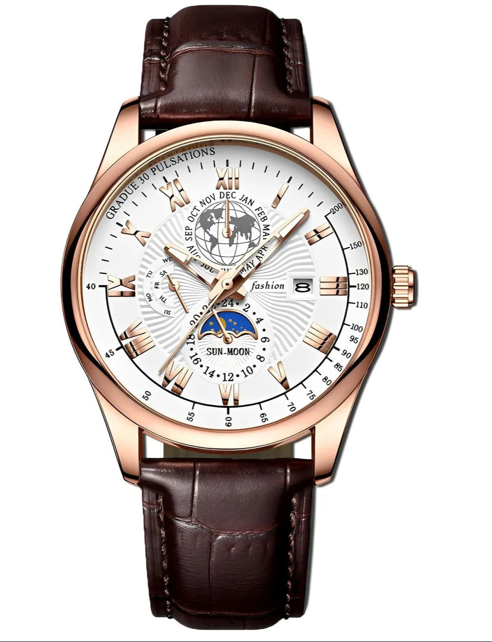Watch with brown leather strap and white face on a white background