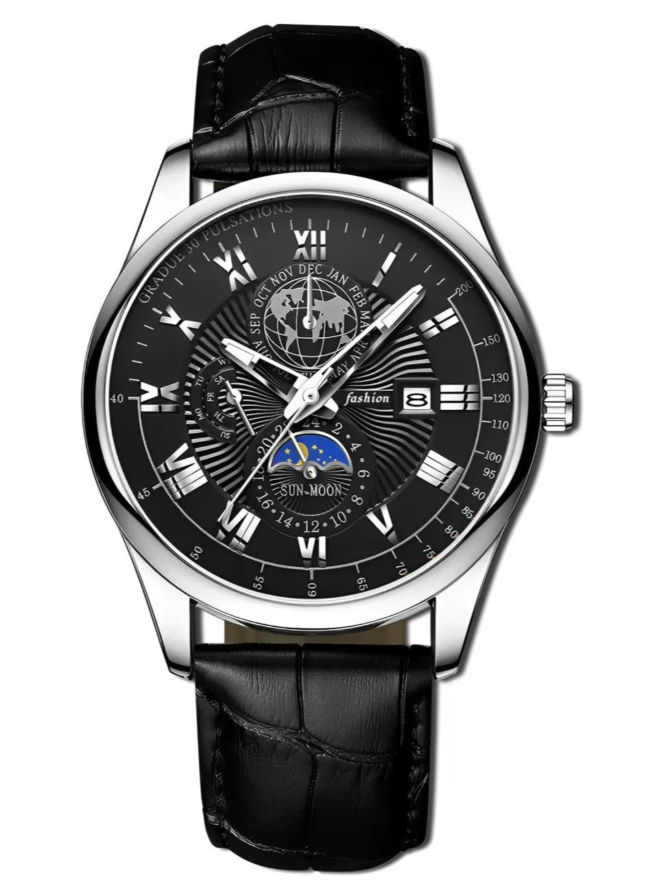 Black wristwatch with detailed face on a white background