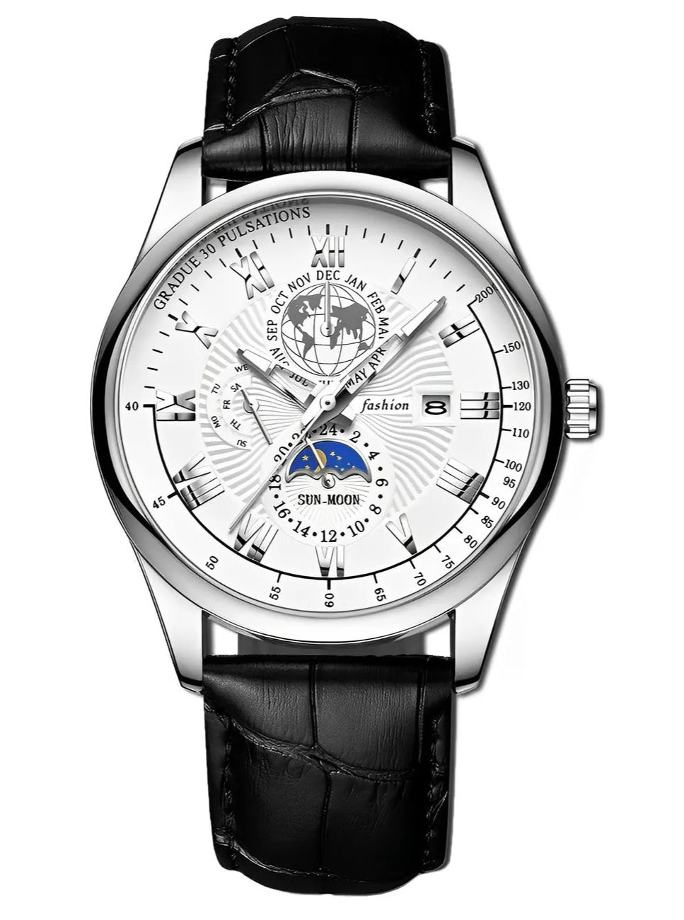 Wristwatch with black leather strap and detailed white dial on a white background