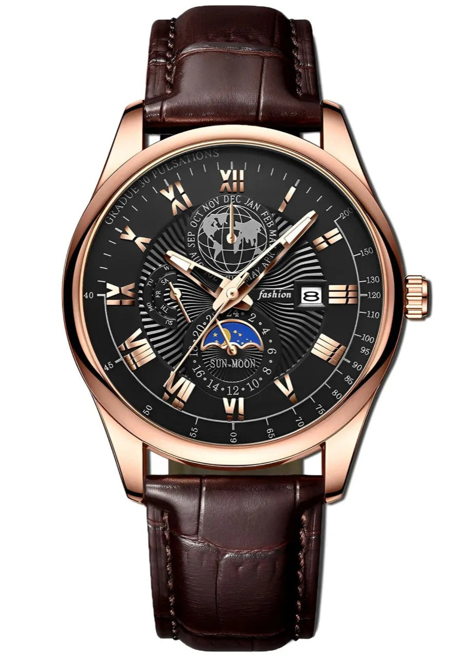 Wristwatch with brown leather strap and black dial on a white background