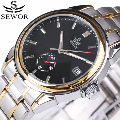 Silver and gold watch with black dial on a white background, featuring the brand 'SEWOR'.