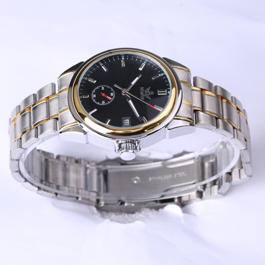 Silver and gold watch with black dial on a white background