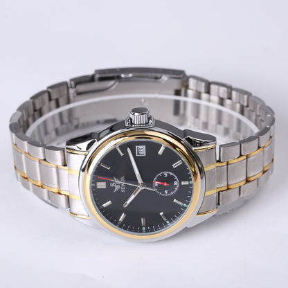 Silver and gold watch with black dial on a white background
