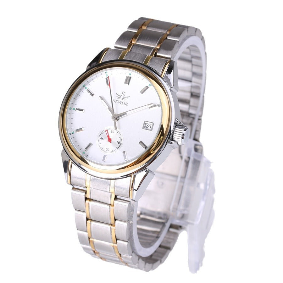 Wristwatch with a silver and gold metal band on a white background