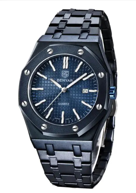 Blue Benyar watch with a metallic strap on a white background