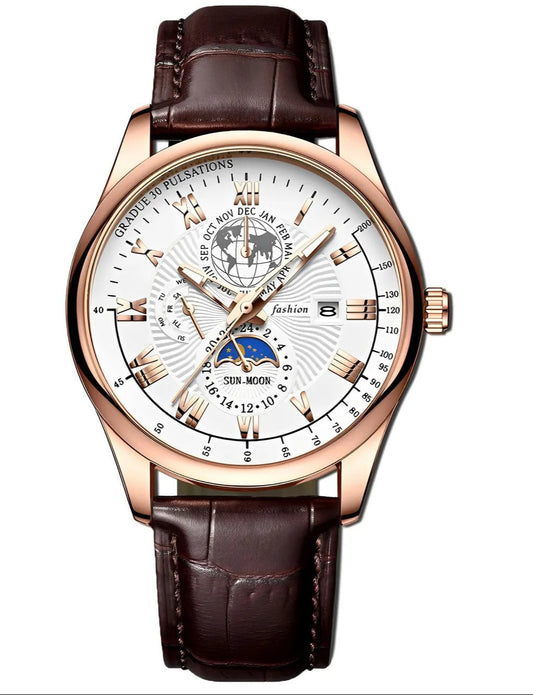 Watch with brown leather strap and white face on a white background